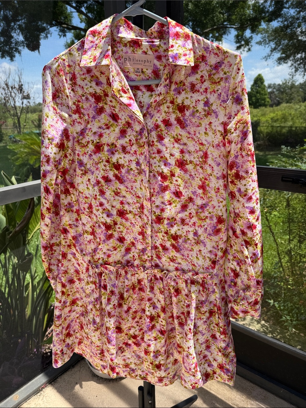 Philosophy light weight Floral Long Sleeve Tunic Dress in Pink, Red, Green